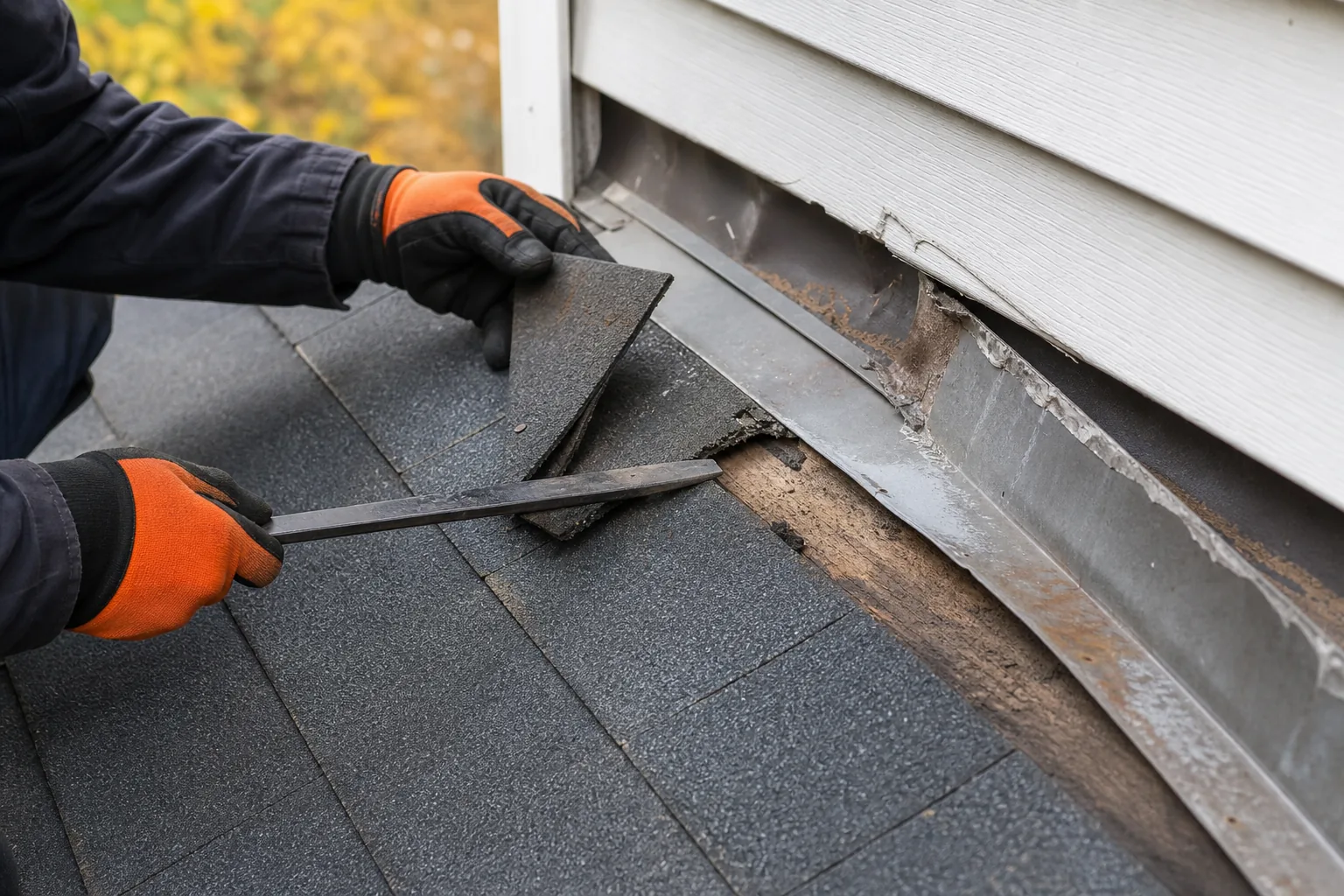 removing damaged roof flashing without harming shingles