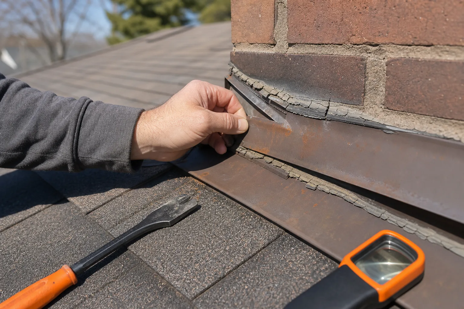 roof flashing inspection showing cracked sealant and surface rust.