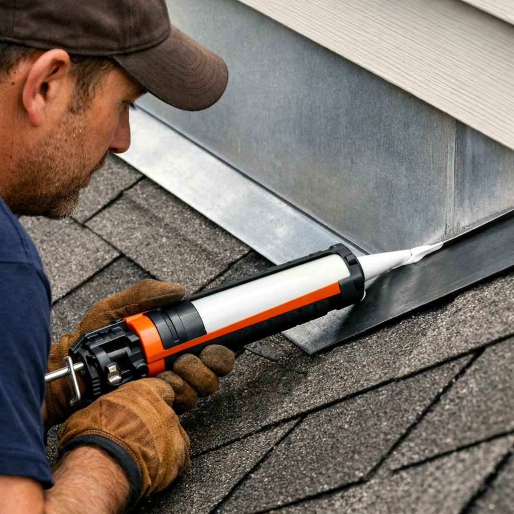 A realistic illustration of a roofer applying sealant to metal flashing on a sloped roof, showing the sealant bead and the surrounding shingles. Alt: roofer applying sealant to roof flashing