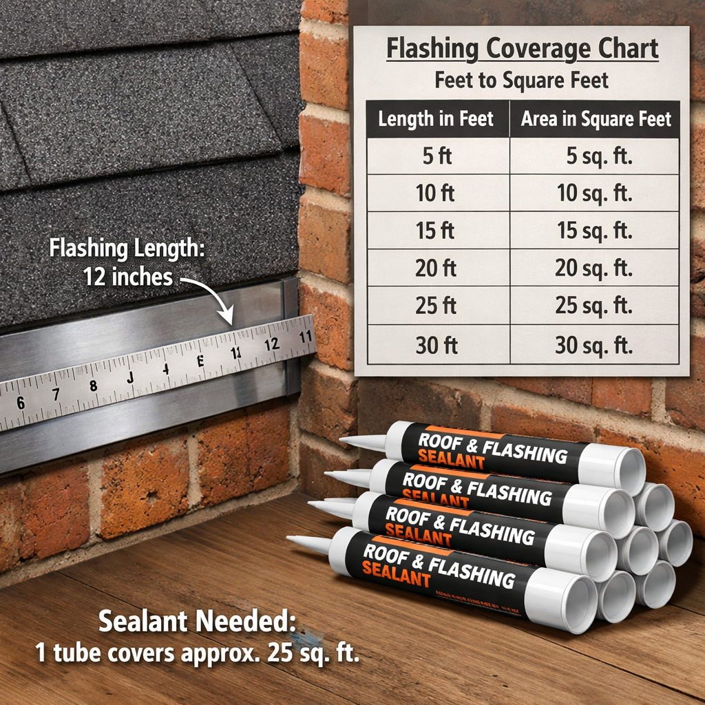 A realistic diagram showing a ruler measuring flashing length, a conversion chart from feet to square feet, and a stack of sealant tubes. Alt: diagram of measuring roof flashing and calculating sealant needed