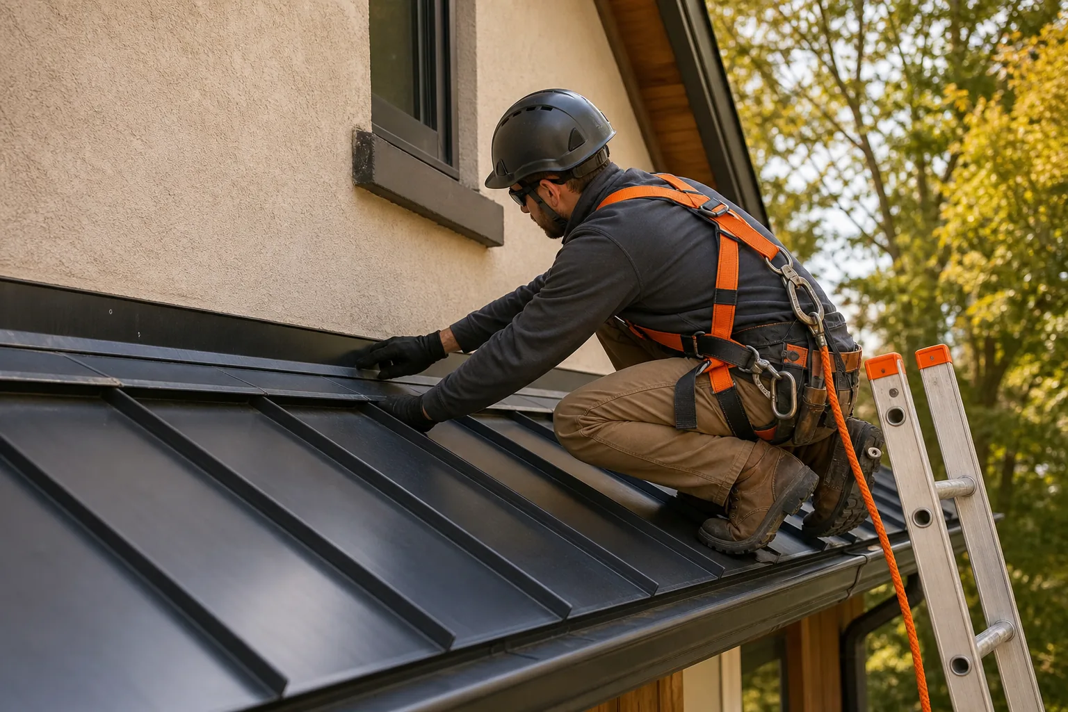 worker inspecting roof flashing before sealant repair