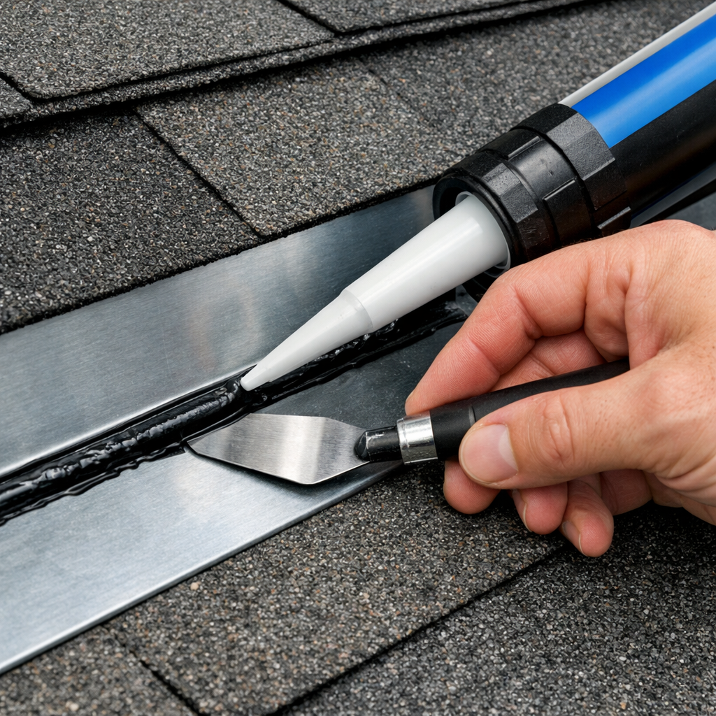 A realistic close‑up of a hand applying roof sealant to metal flashing, showing smooth bead and proper tool usage. Alt: roof flashing sealant application technique