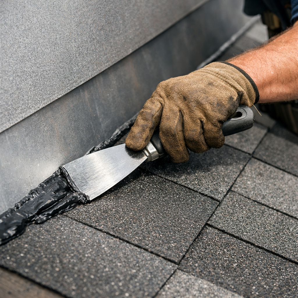 A realistic illustration of a roofer smoothing roof sealant with a putty knife, showing proper bead width and overlap. Alt: proper roof flashing sealant application technique
