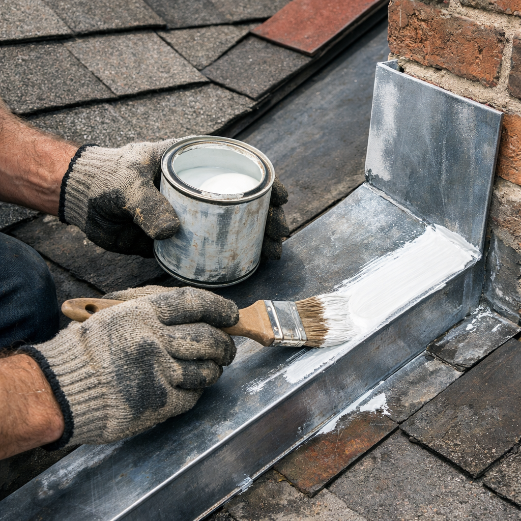 A realistic close‑up of a roofer cleaning and priming metal flashing on a sloped roof. Alt: roof flashing preparation with brush and primer.