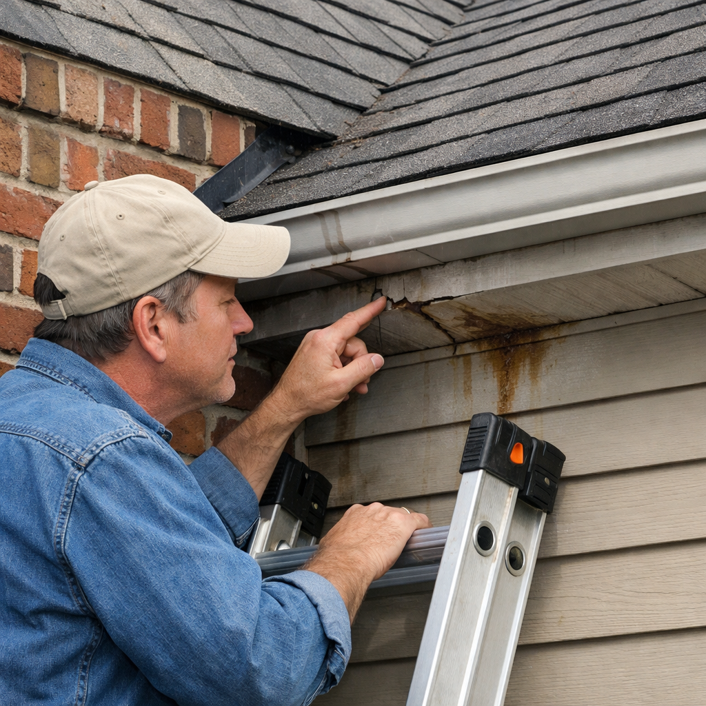A realistic illustration of a homeowner inspecting roof flashing with a ladder, checking for cracks and water stains. Alt: roof flashing inspection and maintenance.