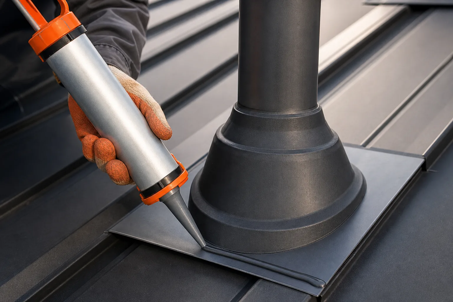 applying sealant to roof flashing around a vent