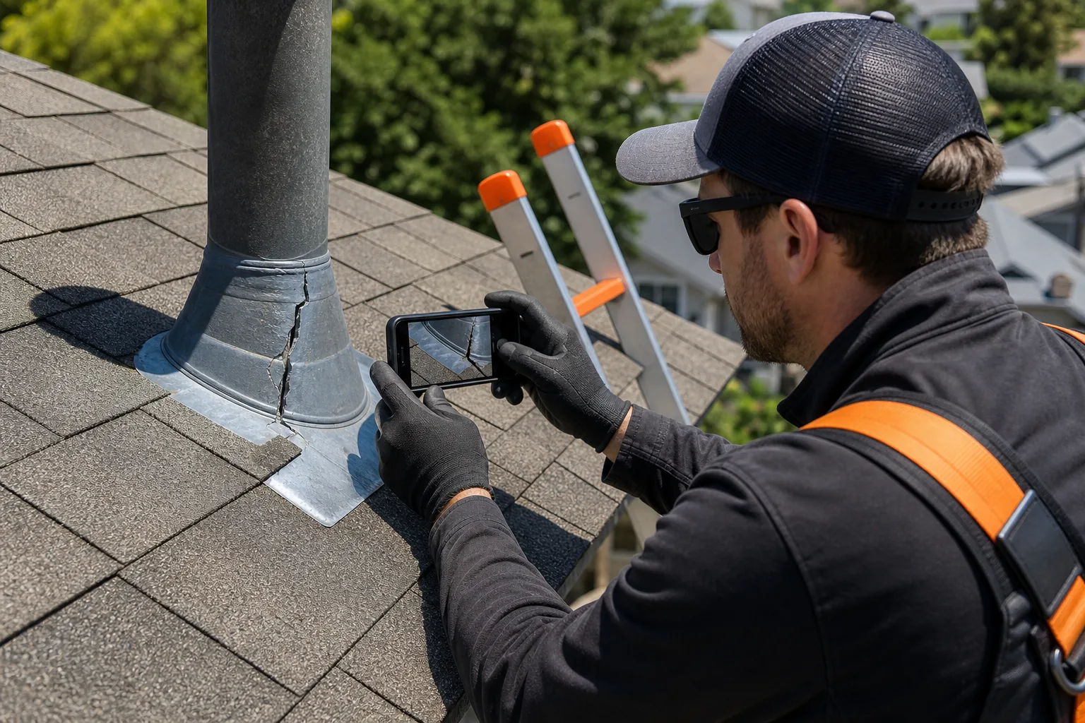 inspecting roof flashing and cracked sealant for a warranty claim.