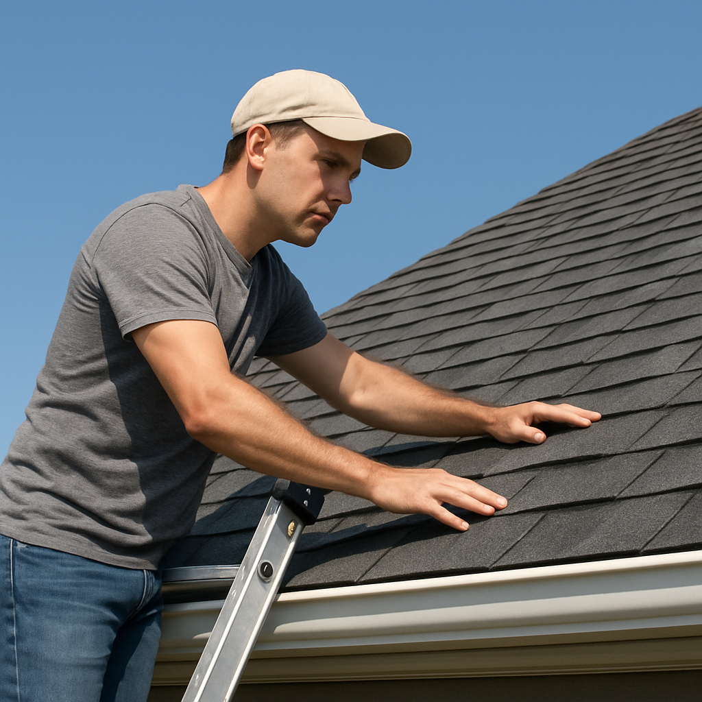 A homeowner on a ladder inspecting roof shingles, with a clear sky background. Alt: roof inspection checklist visual guide.