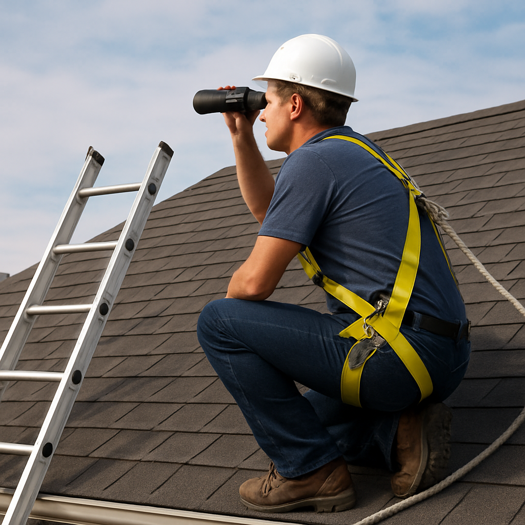 A homeowner wearing a safety harness, inspecting a sloped roof with a ladder and binoculars; Alt: Safety and structural assessment for roof inspection checklist