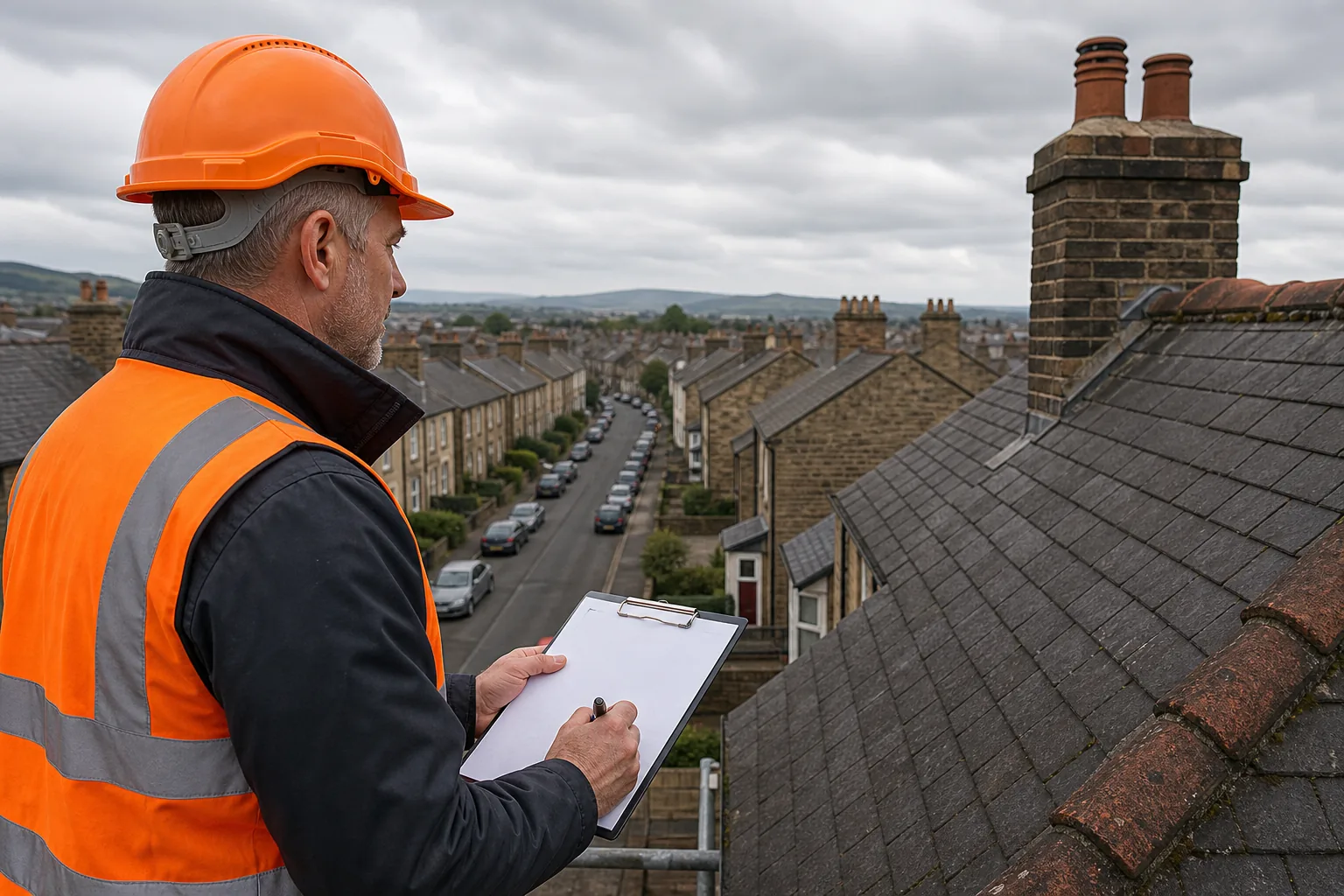 Surveyor assessing roof inspection cost factors at a UK property.