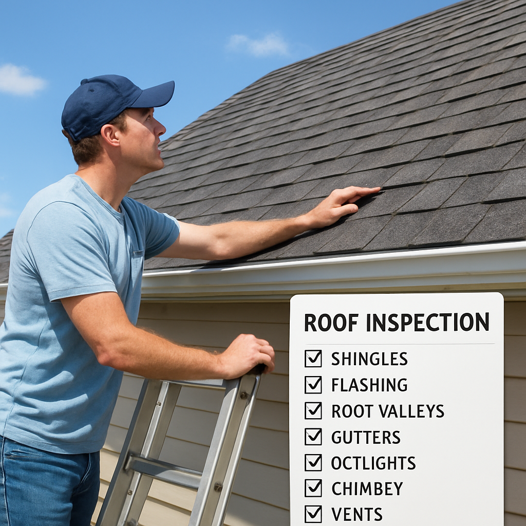 A homeowner standing on a ladder inspecting roof shingles, bright daylight, clear sky. Alt: Roof inspection checklist visual guide.