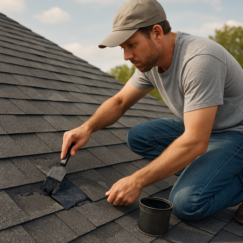 A homeowner kneeling on a roof, carefully replacing a damaged shingle with fresh shingles and roofing cement. Alt: Assessing and repairing roof shingles for a roof maintenance checklist.