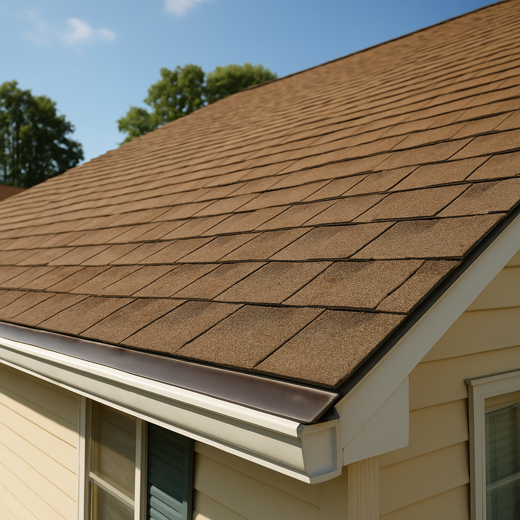 A sunny Newport News home with a clean roof, showing close‑up of shingles and flashing, alt: "Newport News roof damage examples and inspection".