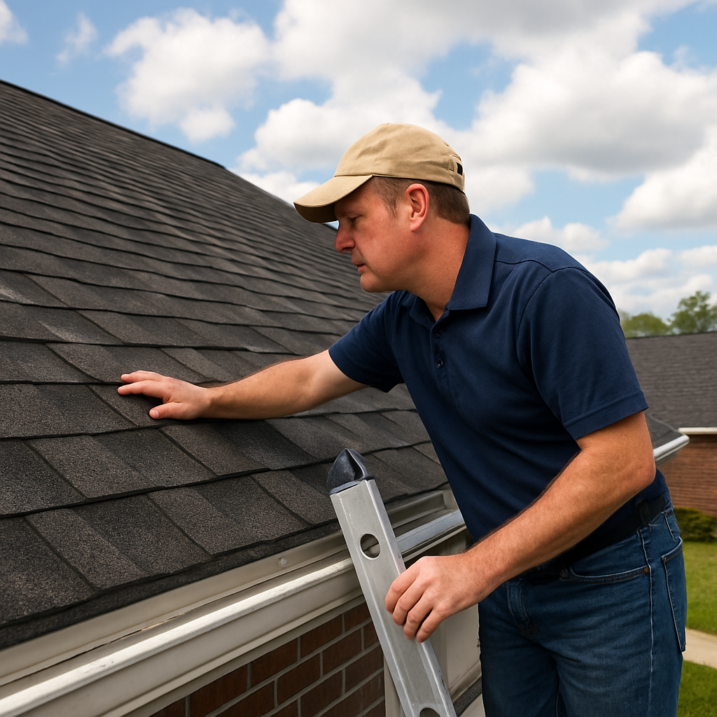 A homeowner standing on a ladder, inspecting shingles on a residential roof in Norfolk, VA during a partly cloudy day. Alt: Assessing roof damage in Norfolk VA roof inspection guide.