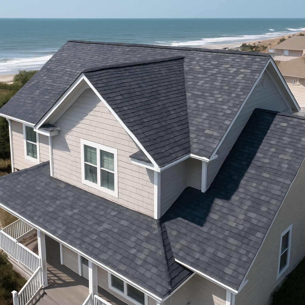 A high‑resolution aerial view of a Virginia Beach home with a newly installed roof, showing bright architectural shingles reflecting sunlight. Alt: Roof replacement Virginia Beach, new shingles on coastal home