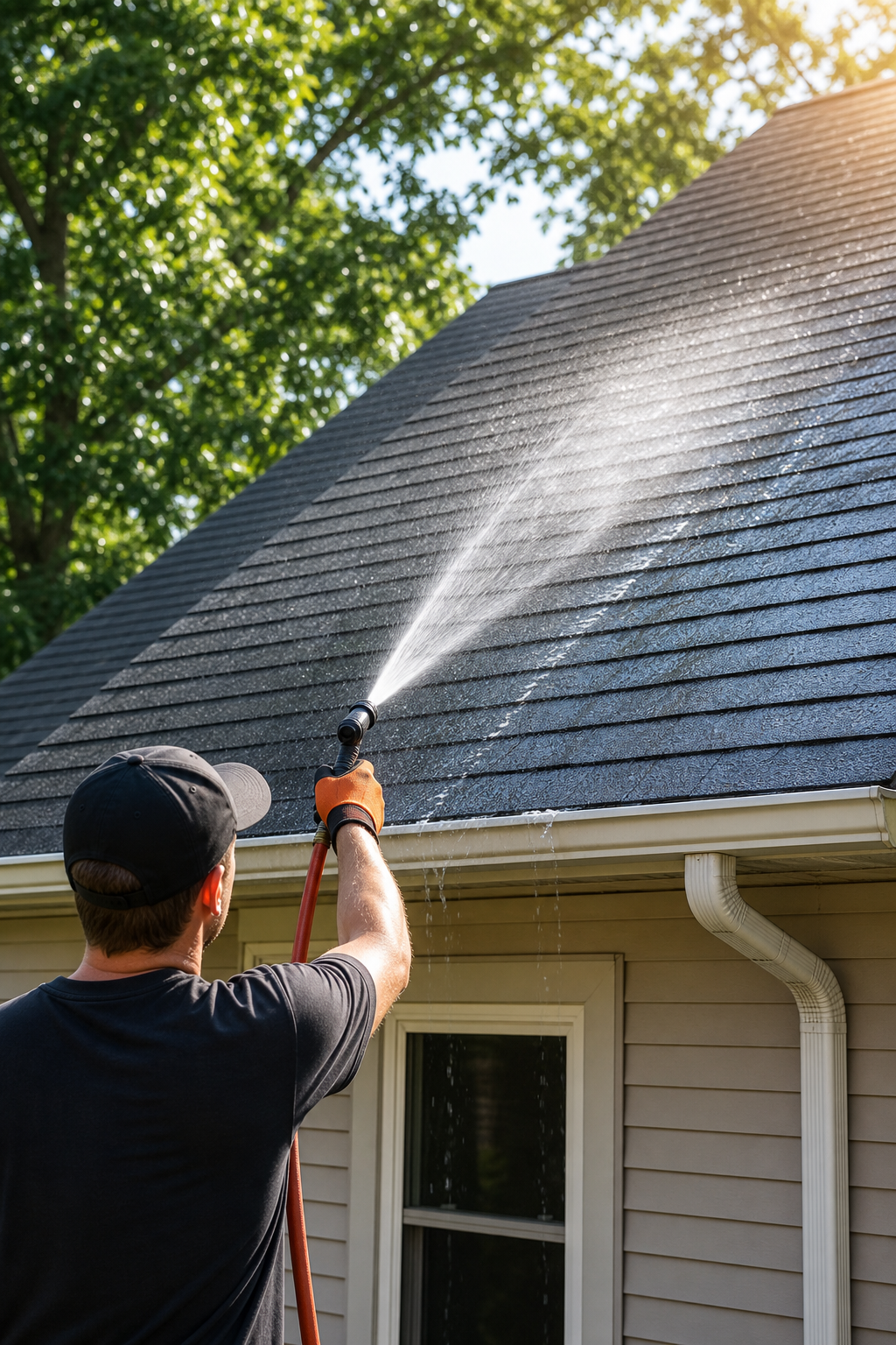 A realistic view of a homeowner rinsing a roof with a low‑pressure hose, sunlight highlighting the clean shingles and water flowing into gutters. Alt: roof soft wash rinsing process showing gentle water flow and clean surface