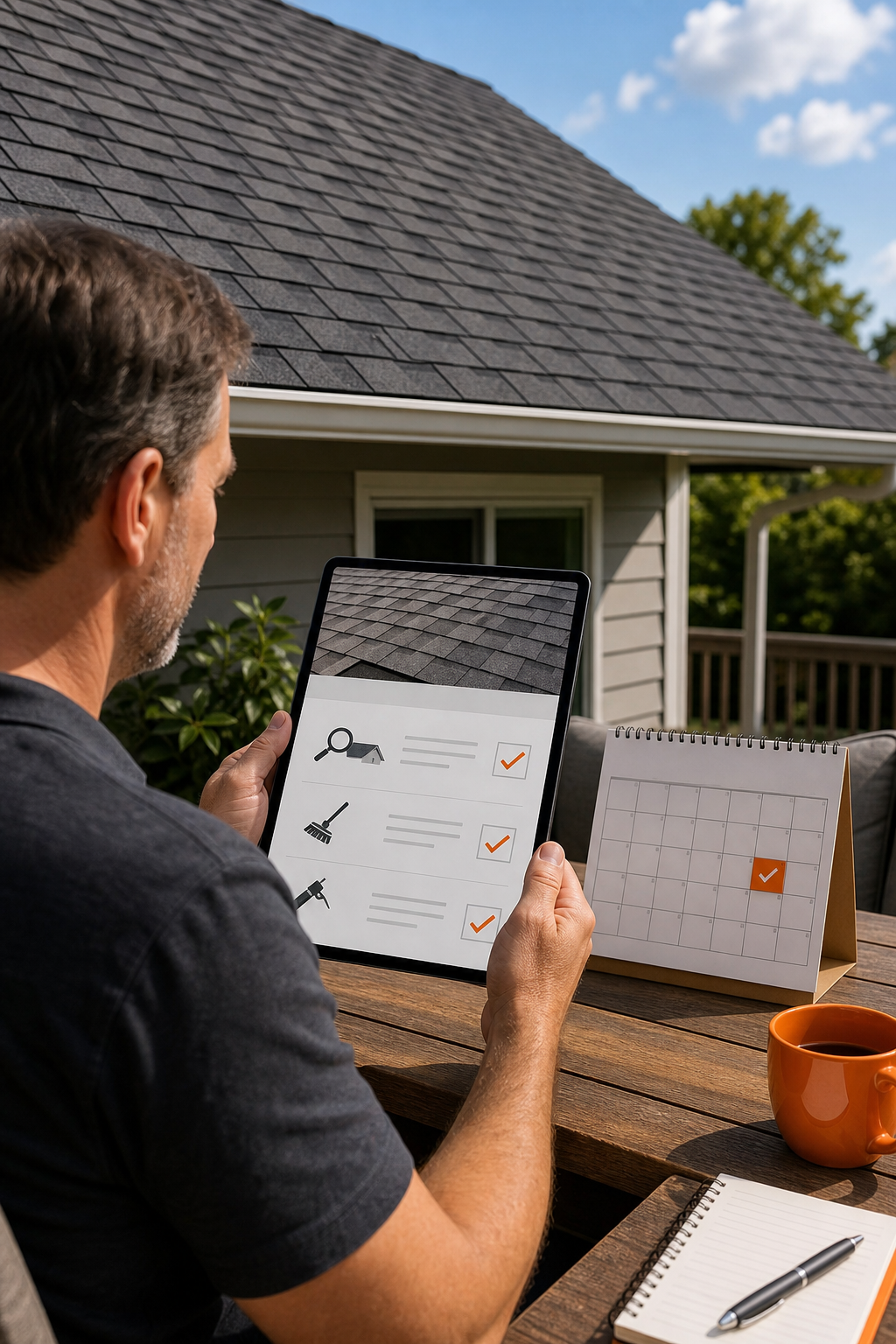 A realistic illustration of a homeowner looking at a roof checklist on a tablet, with clean shingles and a calendar showing a yearly reminder. Alt: roof maintenance schedule visual with icons for inspection, cleaning, and sealant application