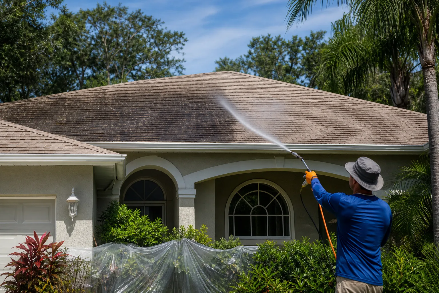 roof soft washing compared with pressure washing on Central Florida asphalt shingles.