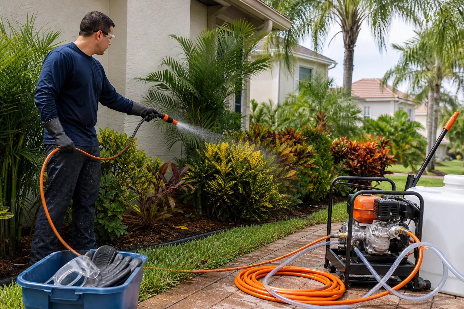 soft washing equipment, plant protection, and chemical safety setup.