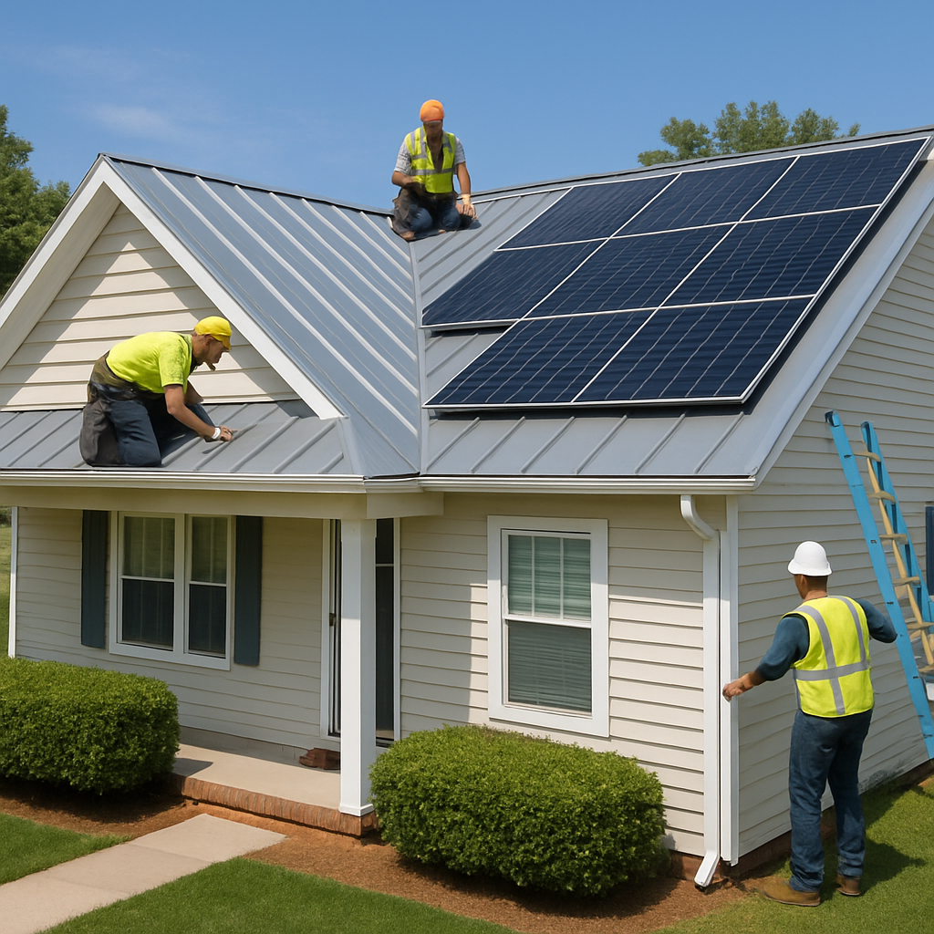 A sunny Virginia Beach neighborhood street showing a home with a newly installed metal roof, solar panels on the side, and a contractor’s crew finishing the final sealant. Alt: Cost factors and financing options for roofing projects in Virginia Beach.
