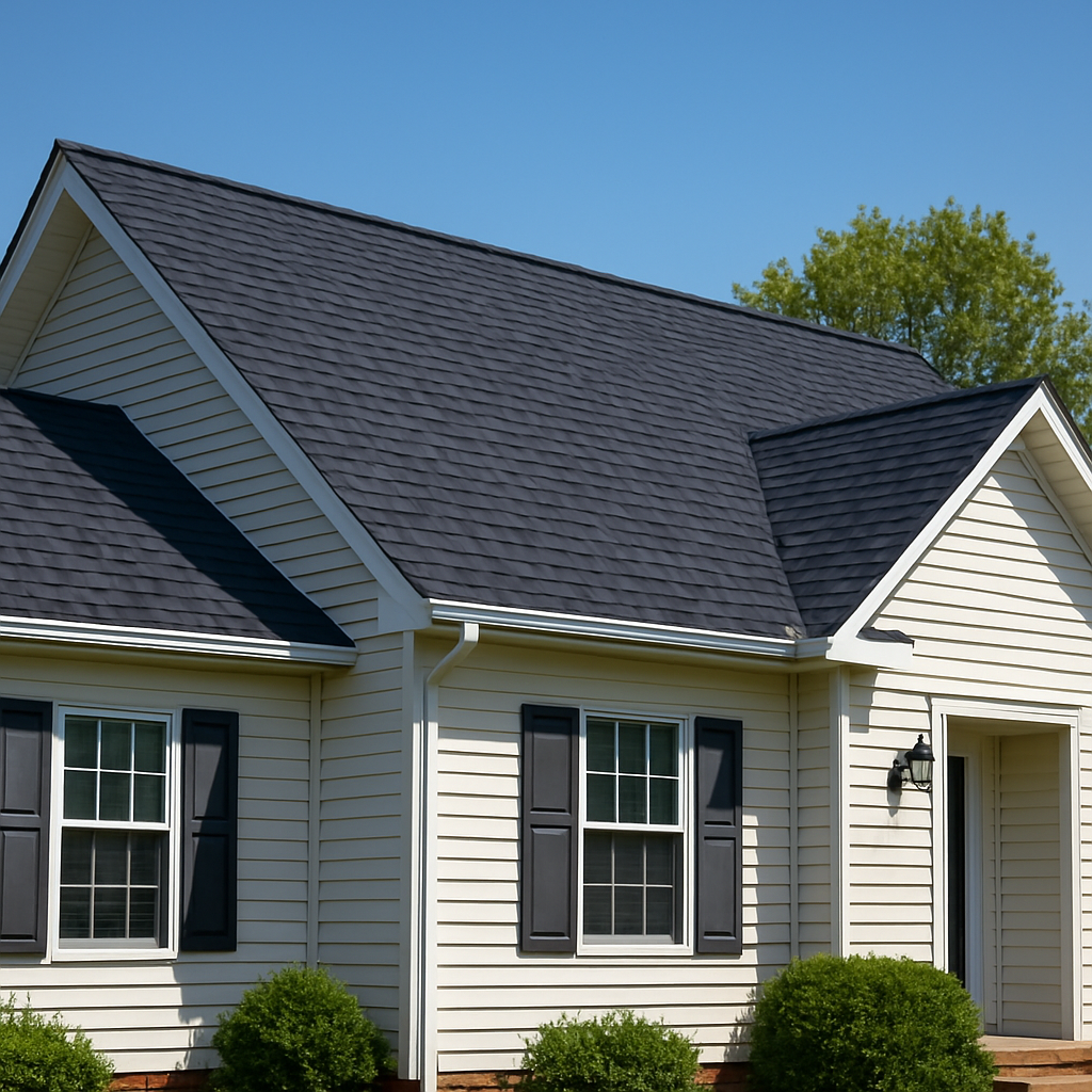 A sunny Virginia Beach home with a newly installed roof, showing clean lines, flashing details, and nearby shutters. Alt: Roofing contractor Virginia Beach service showcase