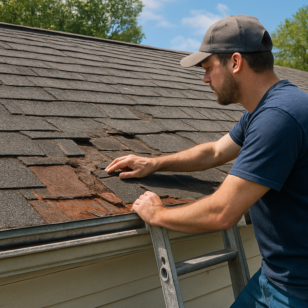 A photorealistic view of a homeowner standing on a ladder, closely inspecting a residential roof with missing shingles and rusted flashing, daylight, realistic textures and shadows, showcasing the inspection process. Alt: Roofing inspection checklist with visible roof issues.