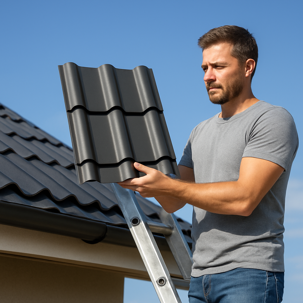 A photorealistic view of a homeowner standing on a ladder, holding a sample of metal roofing panels, with a clear blue sky in the background, realistic lighting and textures, showcasing material selection. Alt: Choosing the right roofing material on a sunny day.