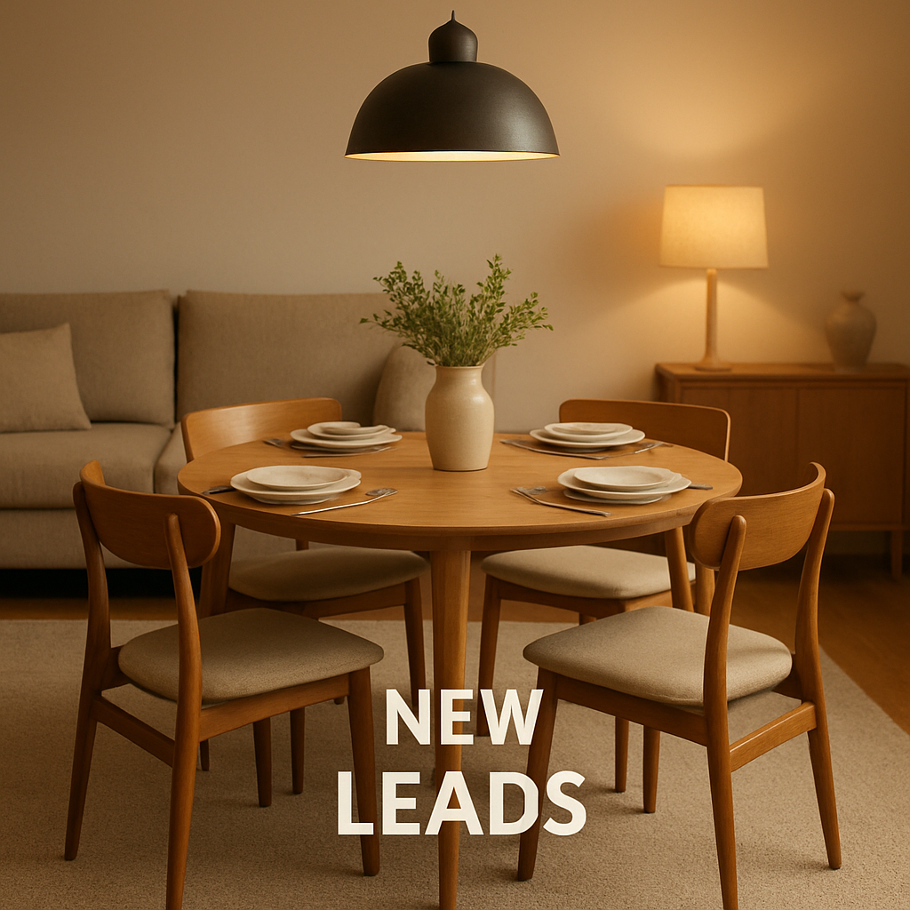 A cozy living room with a round dining table set for four, a soft neutral rug extending beyond the chairs, pendant lighting casting a warm glow, and a simple vase of fresh herbs as a centerpiece. Alt: round dining table set for 4 with chairs styled with rug, lighting, and accessories