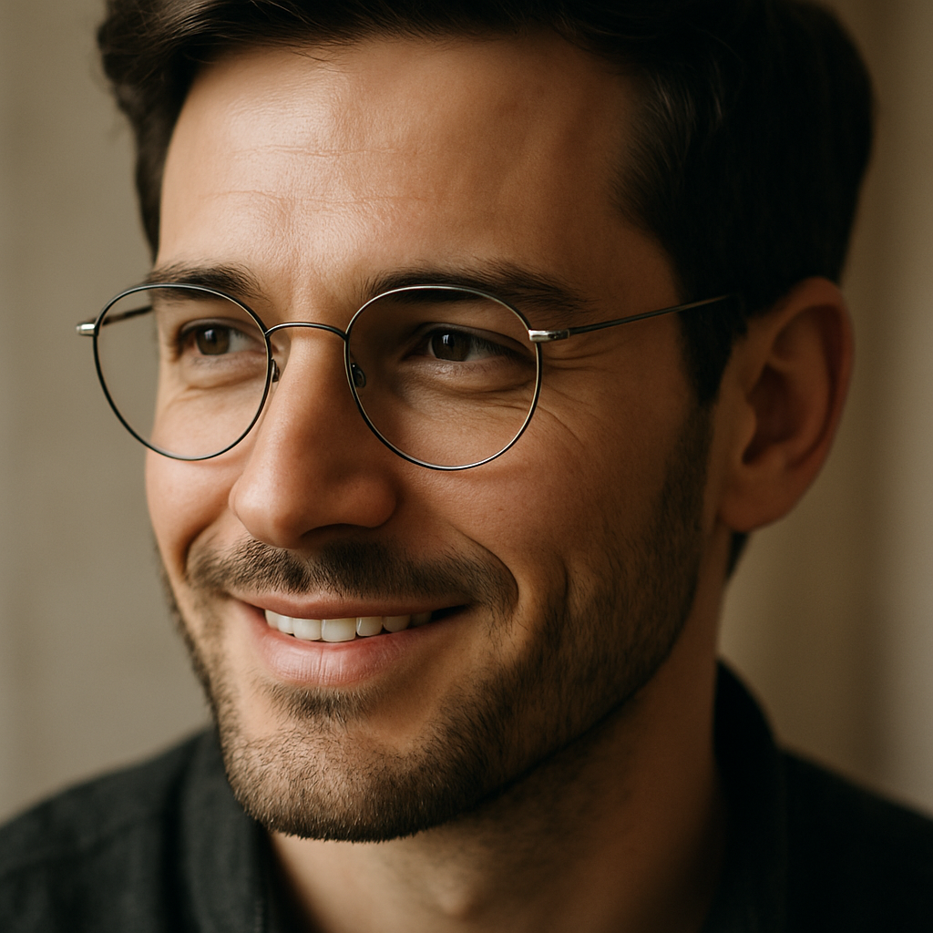 A close‑up of a man wearing classic metal round eyeglass frames, soft natural lighting highlighting the thin rim and his confident smile. Alt: classic metal round frames for men, timeless look