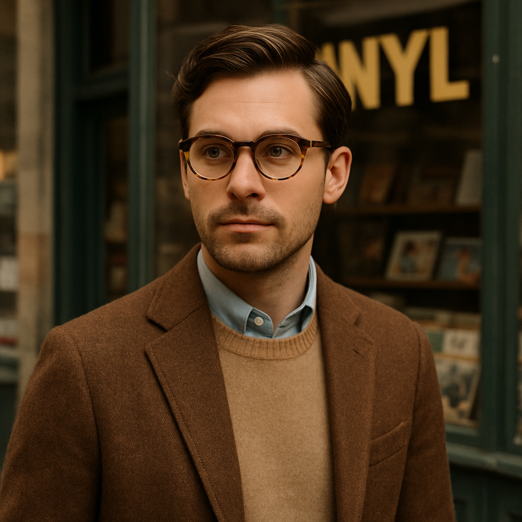 A stylish man wearing vintage‑inspired round eyeglass frames with a tortoiseshell pattern, standing near a retro vinyl record store. Alt: Vintage-inspired round eyeglass frames for men, classic tortoiseshell style.