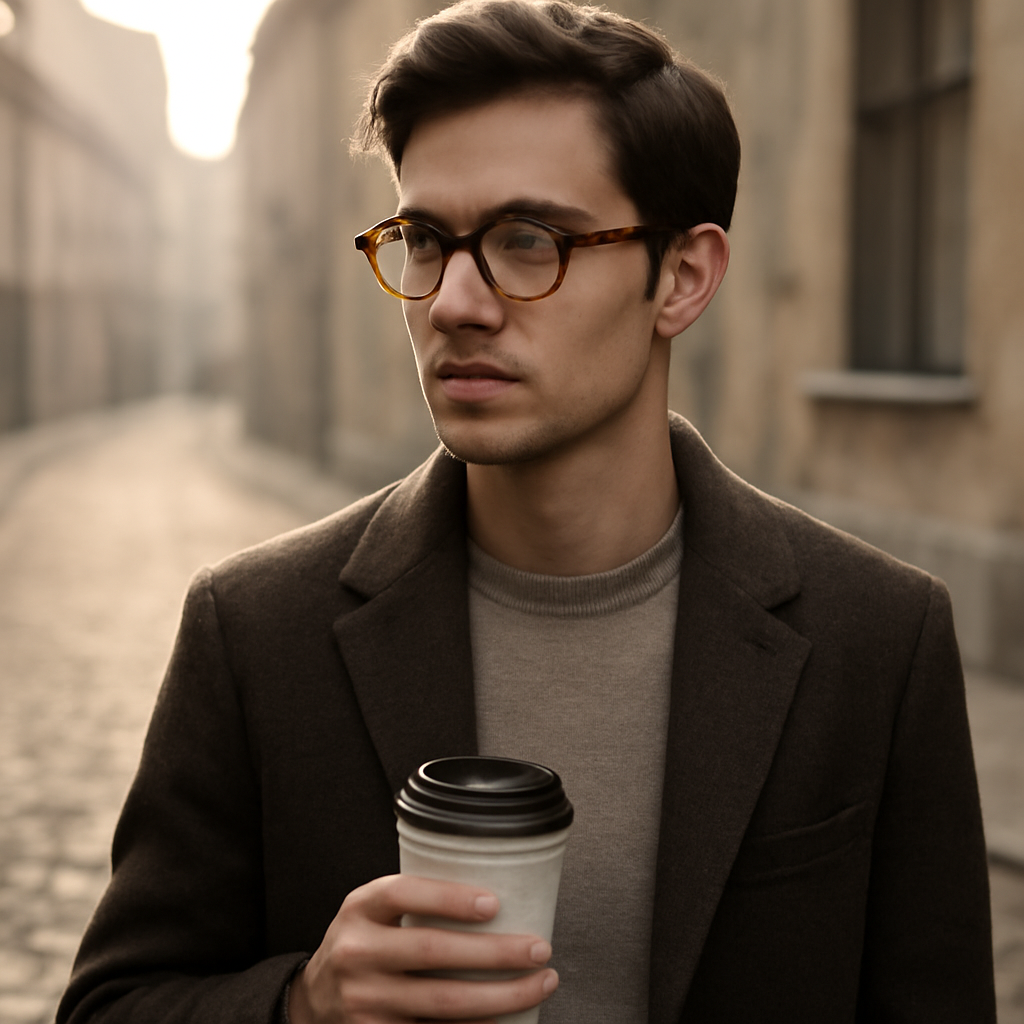 A stylish young man wearing classic round acetate glasses, standing on a cobblestone street with a coffee cup in hand, soft morning light highlighting the frame’s texture. Alt: round prescription glasses men classic style