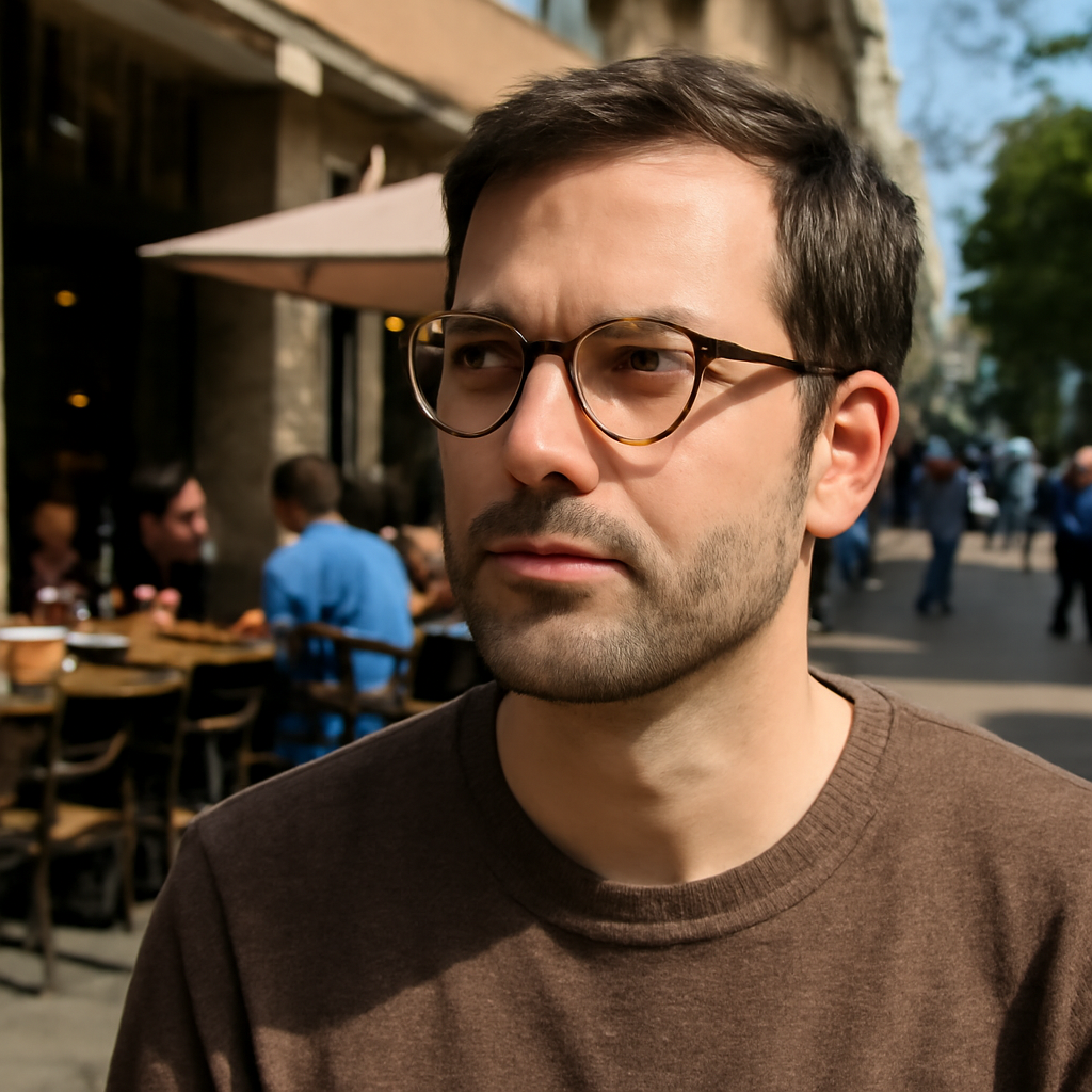 A casual street scene in Sydney showing a man in his thirties wearing affordable round acetate glasses, sunlight catching the subtle grain of the frames, background of a bustling café terrace. Alt: affordable round glasses men everyday wear