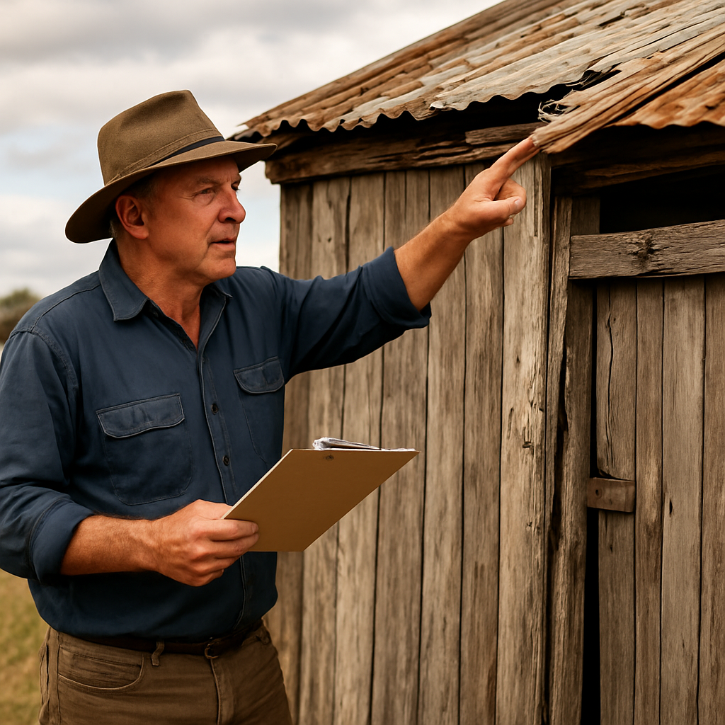 A farmer standing beside a weather‑worn shed, holding a clipboard and pointing at roof damage. Alt: Assessing rural building renovations Tamworth NSW for budget planning.