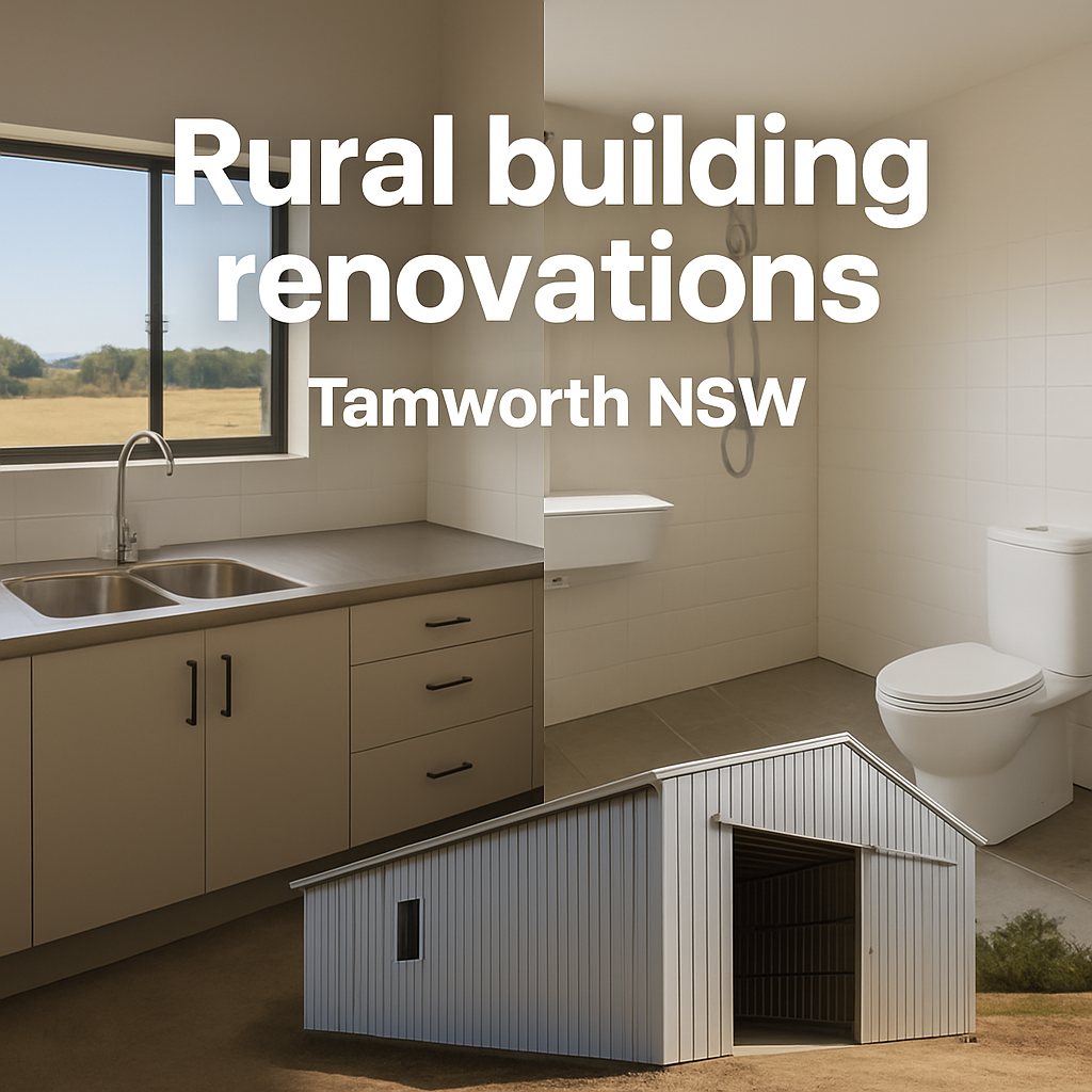 A modern farm kitchen with steel countertops, a clean bathroom with slip‑resistant tiles, and a freshly renovated metal‑panel shed under a clear sky. Alt: rural building renovations Tamworth NSW kitchen bathroom shed upgrades
