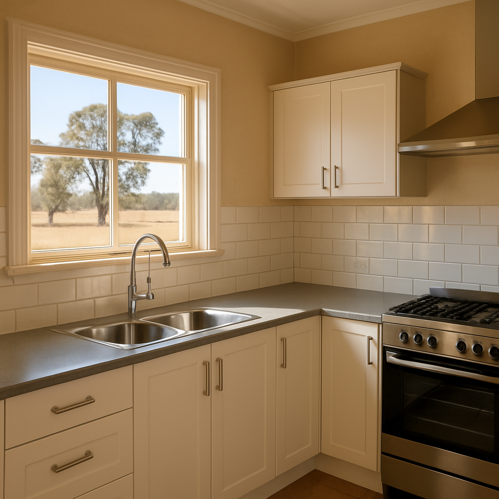 A sunny outback farmhouse kitchen with fresh paint, stainless‑steel hardware and a neatly sealed countertop. Alt: Rural renovation finishing touches showcase painted walls, sealed surfaces, and durable hardware.