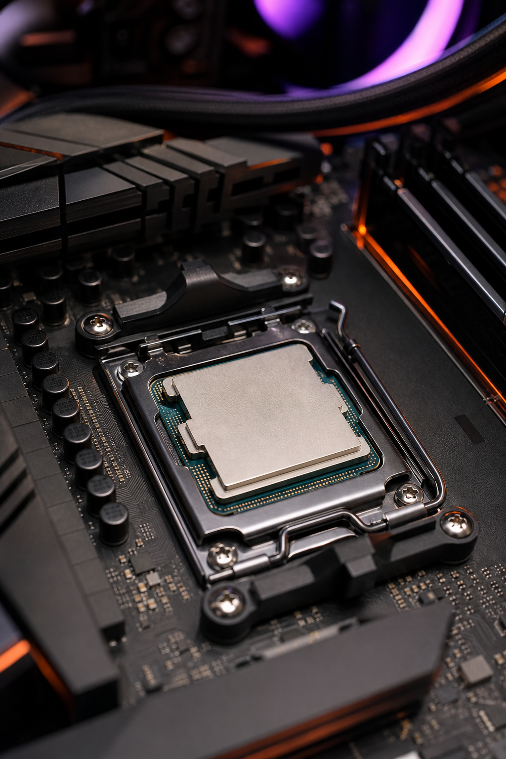 A photorealistic shot of a gaming PC build with a visible CPU socket on the motherboard, with an AMD cooler hovering above, highlighting the core components. Alt: Ryzen 7 7700X3D gaming build with AM5 motherboard and cooler