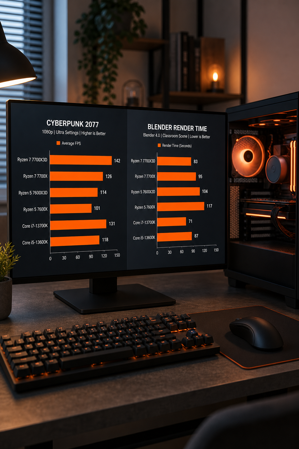 A photorealistic scene of a person gaming on a dual-monitor setup, with one screen showing a FPS counter and the other showing a CPU temperature overlay. Alt: Gamer using a Ryzen 7 7700X3D system with performance metrics visible