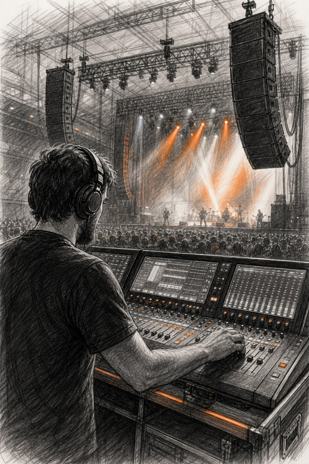 Réservation technicien son salle de concert : guide pas à pas 1 Sketch d'un ingénieur du son devant une console de mixage dans une salle de concert, avec des enceintes suspendues. Alt: Technicien son en salle de concert ajustant une console de mixage numérique.