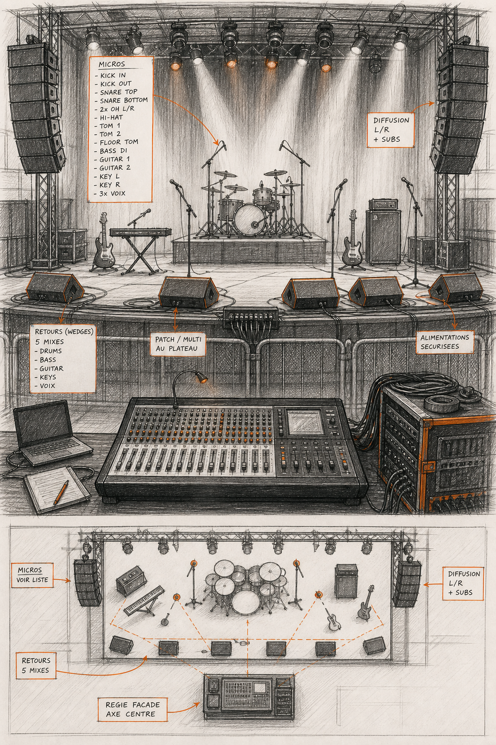 Réservation technicien son salle de concert : guide pas à pas 2 Sketch d'une scène de concert avec micros, retours, et console, annotée avec des notes techniques. Alt: Plan technique de scène avec micros et retours pour un concert.