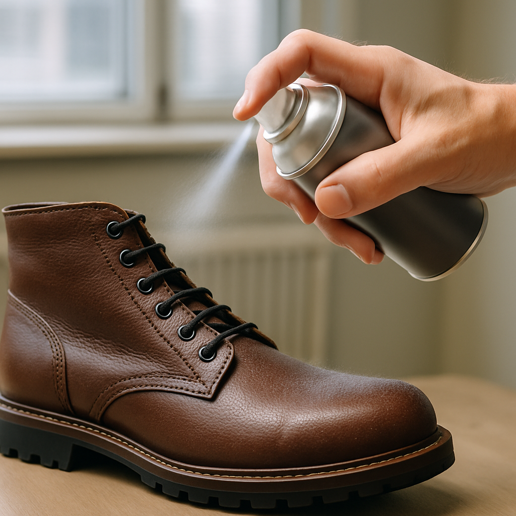 En närbild på en hand som applicerar en tunn lager av impregneringsspray på en lädersko, med en bakgrund av ett ventilerat rum. Alt: Impregnering läder steg för steg.