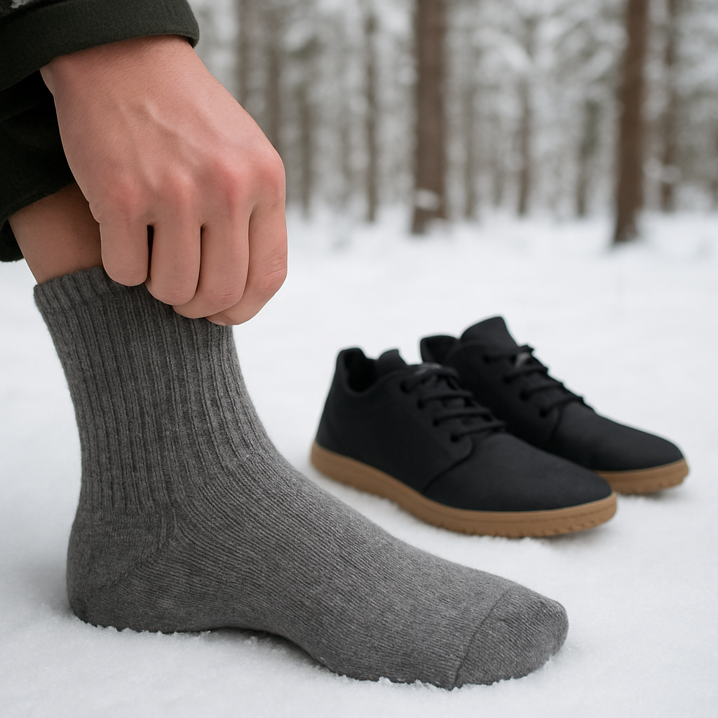 En närbild av en hand som drar på sig tunna merinoullsockor i en snötäckt skog, med en bakgrund av barfotaskor på snön. Alt: Merinoullsockor för vinterbruk i barfotaskor.