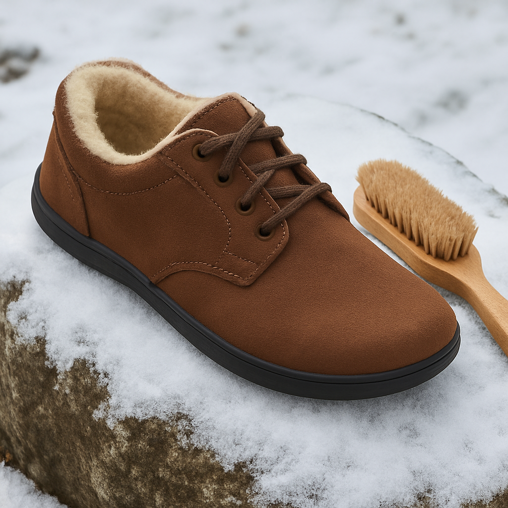 En närbild av en barfotasko med ullfoder på en snötäckt sten, där en mjuk borste ligger bredvid. Alt: Underhåll av vinterbarfotaskor – borsta, lufta och förvara rätt för maximal värme.