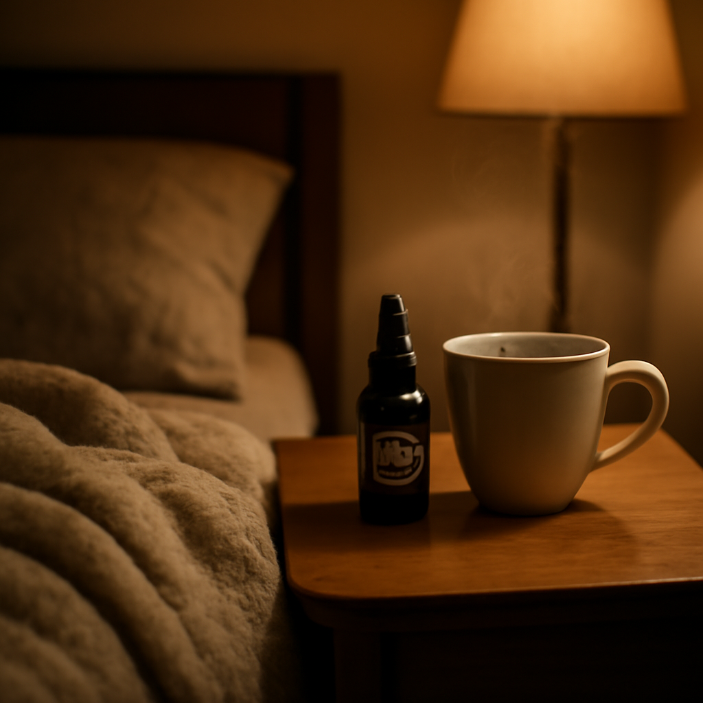 A cozy bedroom with dim lighting, a small table holding a bottle of CBD drops, a cup of herbal tea, and a soft blanket. Alt: CBD drops in a calming bedtime setting.