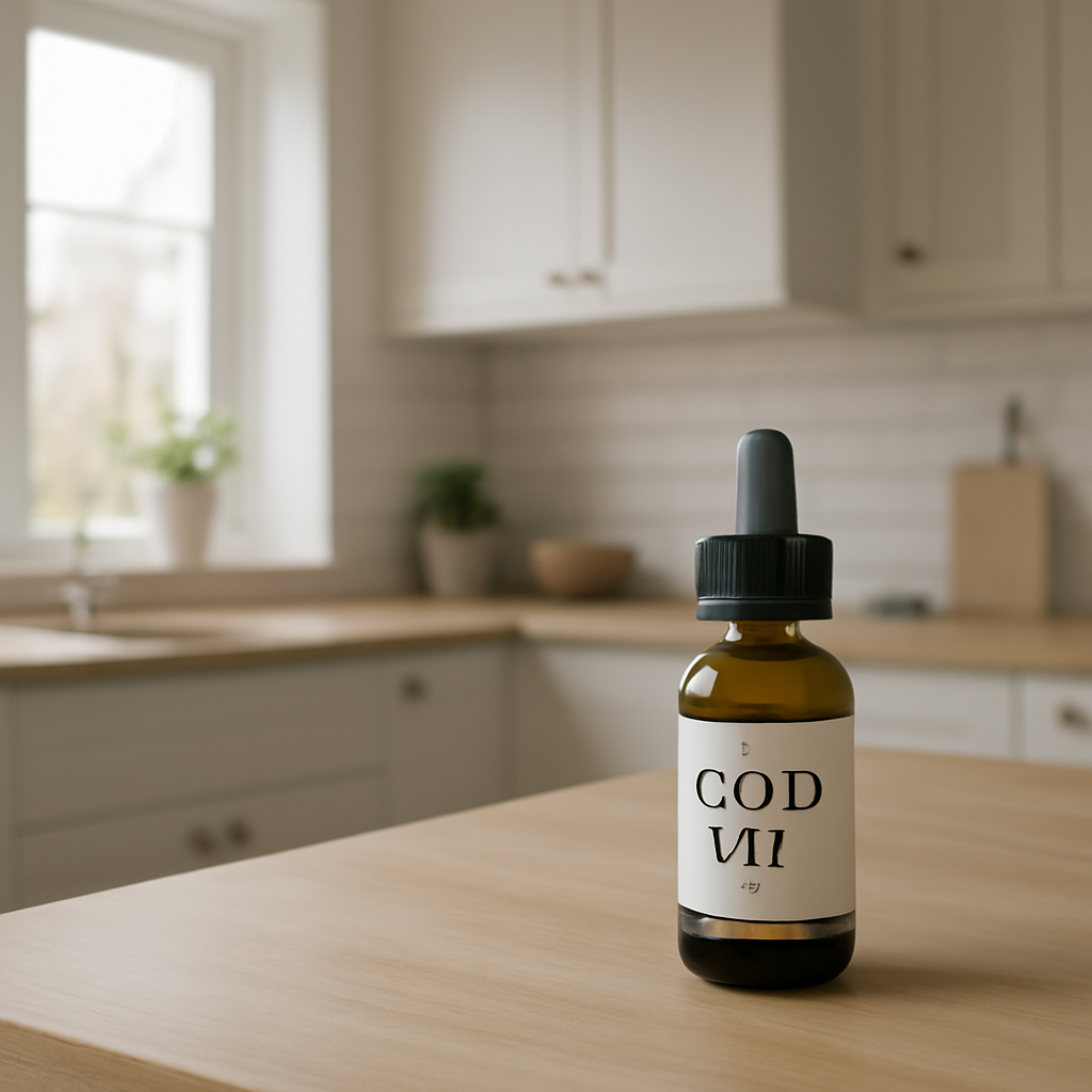 A calm Scandinavian kitchen with a small glass bottle of CBD oil on the counter. Alt: CBD olie flaske i rolig køkken.
