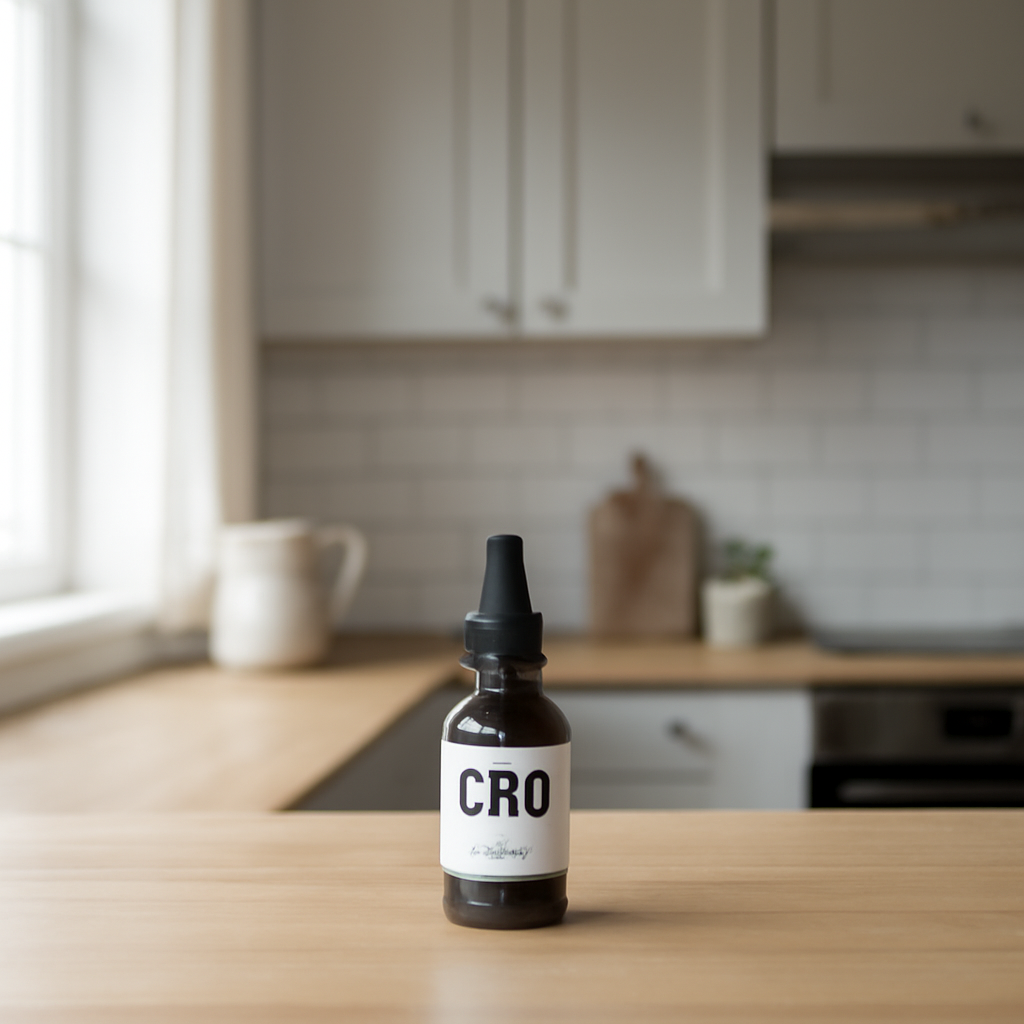 A calm Scandinavian kitchen with a small glass bottle of CBD oil on the counter. Alt: CBD olie flaske i rolig køkken.