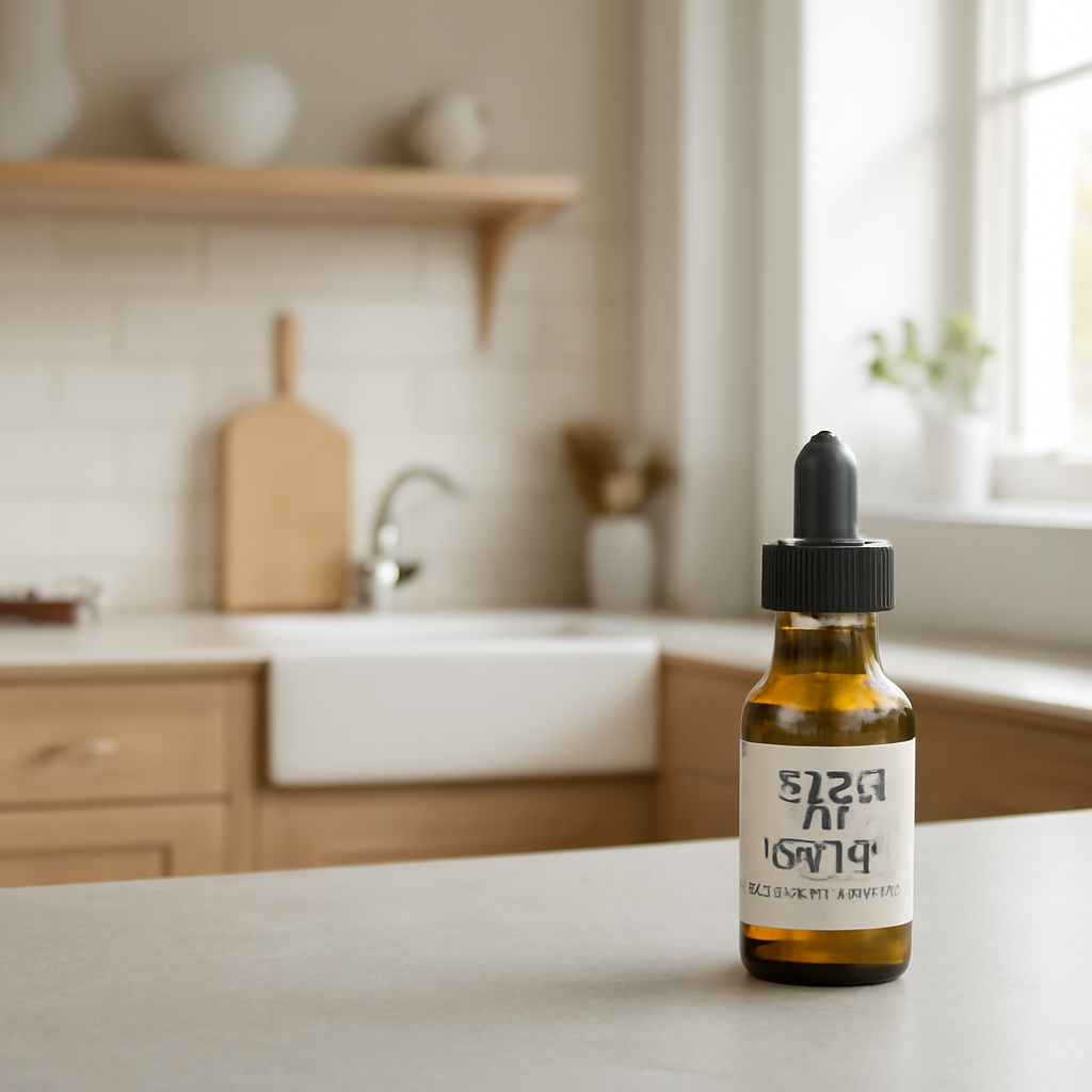 A calm Scandinavian kitchen with a small glass bottle of CBD oil on the counter. Alt: Calm kitchen with CBD oil bottle for anxiety relief.
