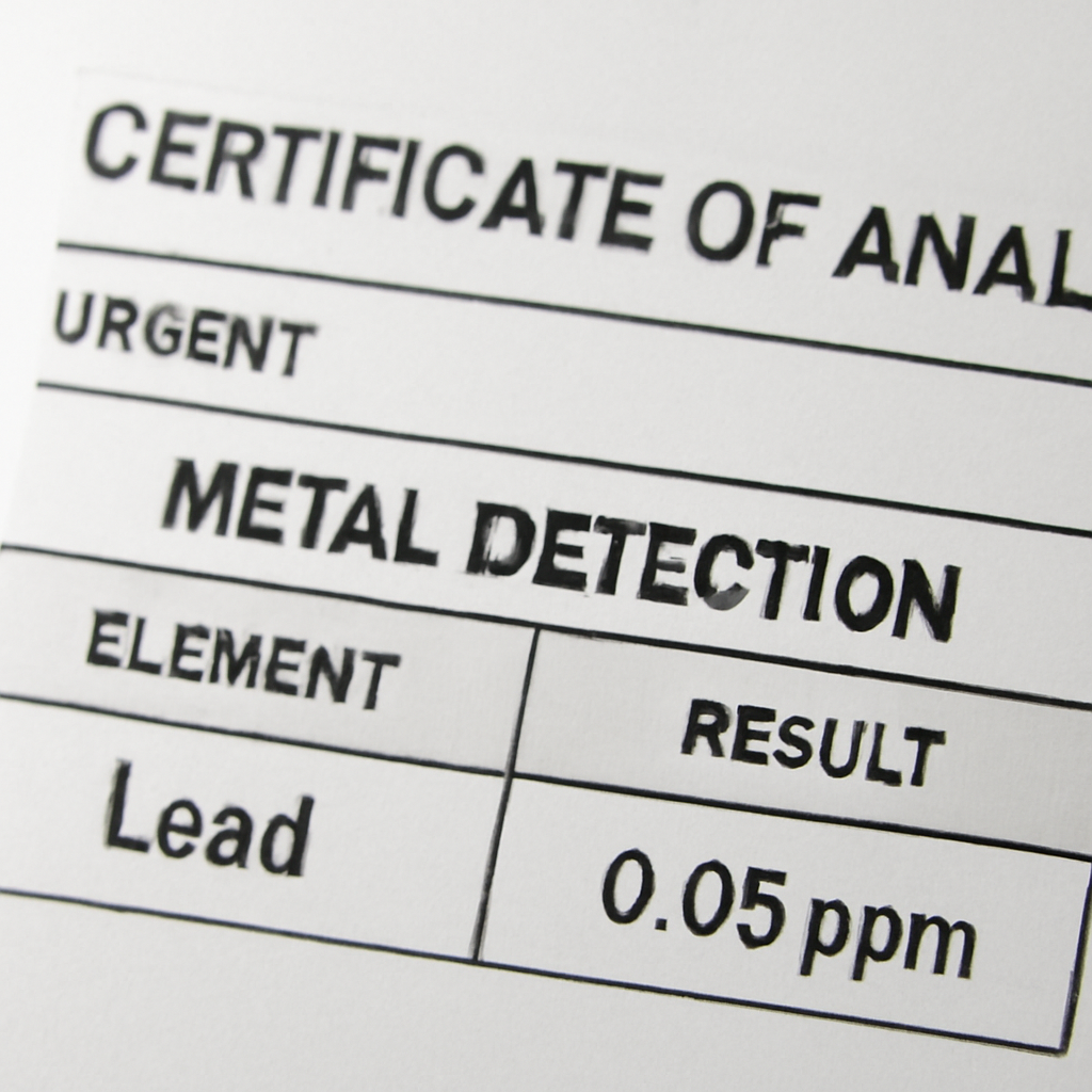 A close-up of a COA sheet highlighting metal detection results, with a green checkmark next to lead levels. Alt: Close-up of COA sheet with lead test results.