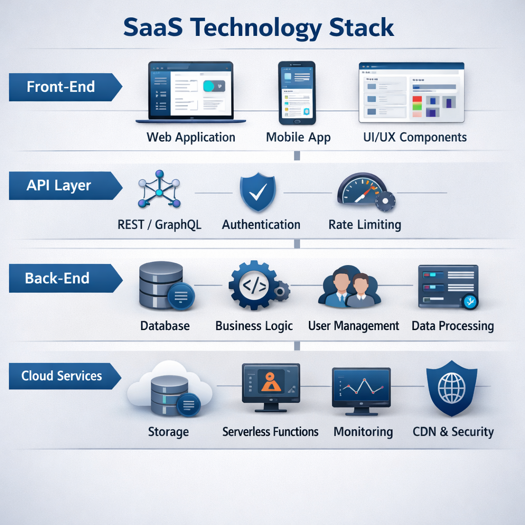 A realistic illustration of a modern SaaS tech stack diagram showing front‑end, back‑end, API layer, and cloud services, with clean lines and labeled components. Alt: SaaS technology stack overview
