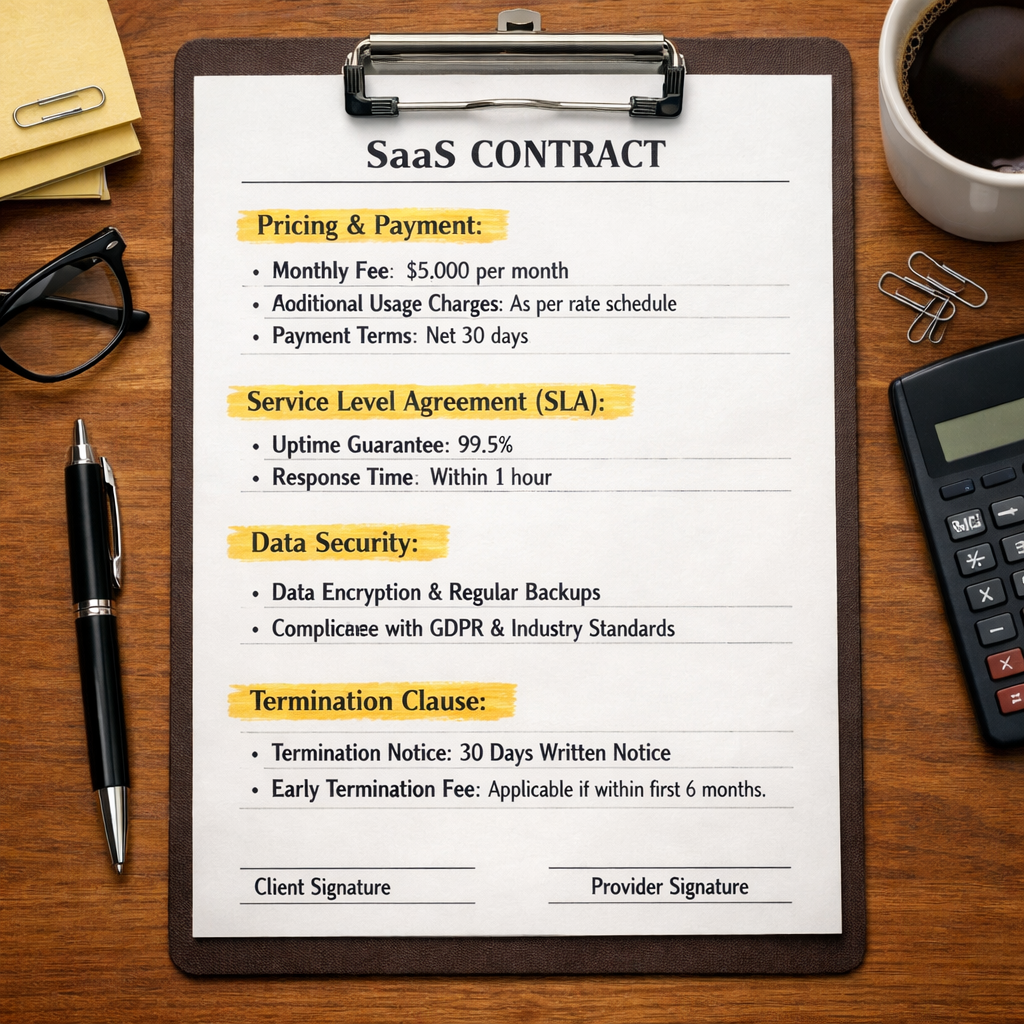 A realistic illustration of a contract document with highlighted sections for pricing, SLA, data security, and termination clauses. Alt: SaaS contract checklist visual