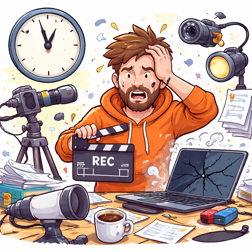Illustration showing a SaaS founder juggling video production tasks, looking stressed, with a clock and broken laptop, alt: SaaS explainer video production challenges
